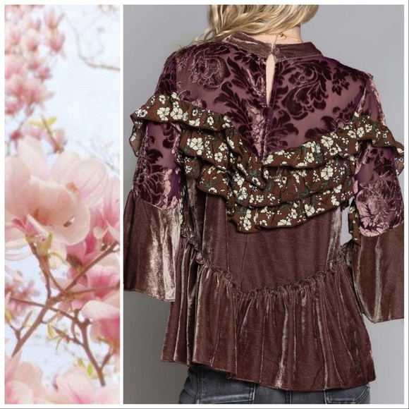 Cocoa Velvet & Bell Sleeves Ruffle Top - Picture 4 of 9